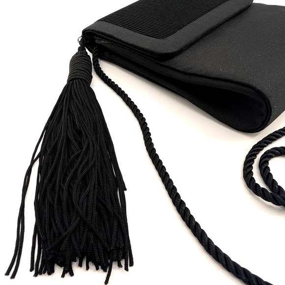 Lord & Taylor Vintage Black Satin Evening Bag Pleated Tassel Crossbody Clutch - Picture 4 of 12